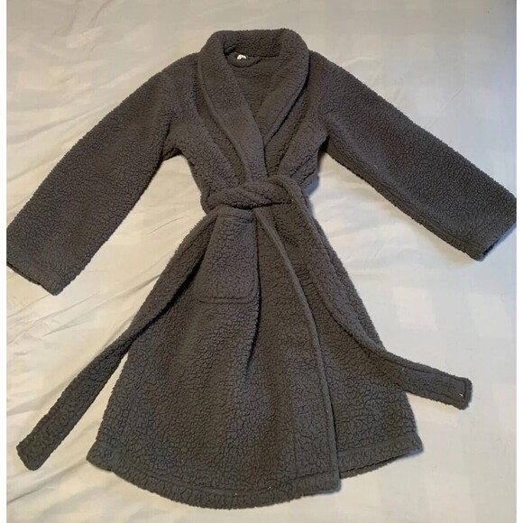 Pottery Barn Robe Unisex Small Charcoal Gray Cozy‎ Knit Long Sleeve Tie Waist - Picture 6 of 15